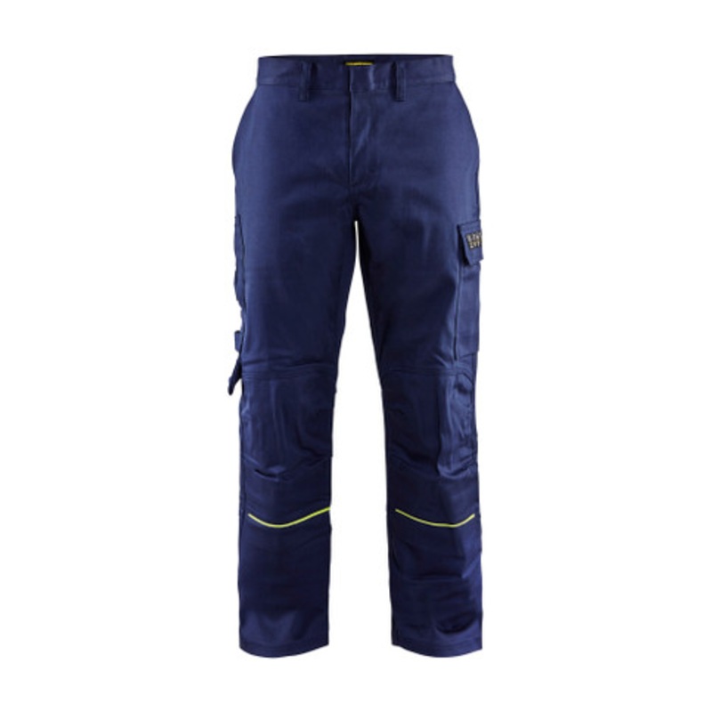 BLAKLADER Trousers | 1701  Welding Navy Blue / High Vis Yellow Trousers with Kneepad Pockets and Anti-Flame Cotton