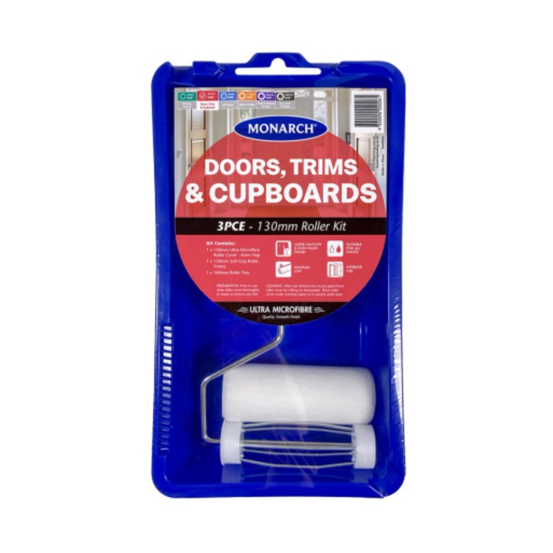 MONARCH Paint Kit | 130mm/4mm Nap Doors Trims & Cupboards Roller Paint Kit 3 Pieces