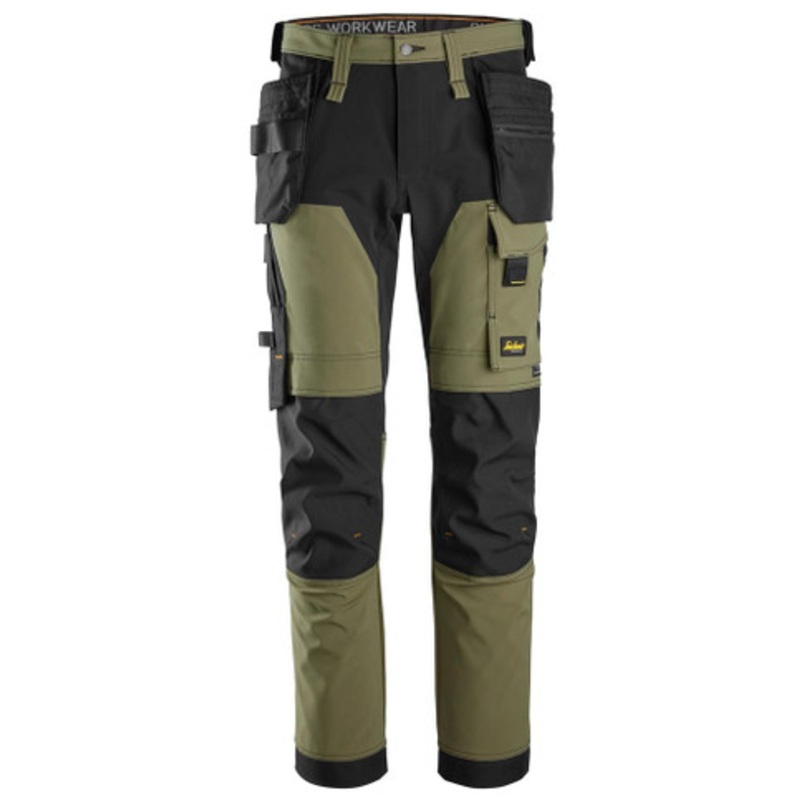 SNICKERS Trousers | 6275 Khaki Green AllroundWork Trousers with Holster Pockets and Kneepad Pockets in 4-Way Stretch