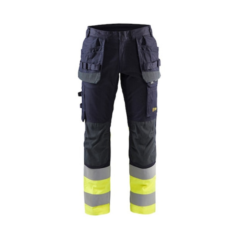 BLAKLADER Trousers | 1487 Multinorm INHERENT Navy Blue / High Vis Yellow Trousers with Holster Pockets and Anti-Static Rip-Stop with Stretch