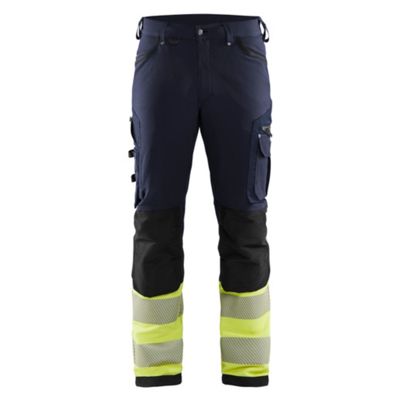 BLAKLADER Trousers | 1193 Craftsman Navy Blue / High Vis Yellow Trousers with Kneepad Pockets and Reflective Tape 4-Way Stretch