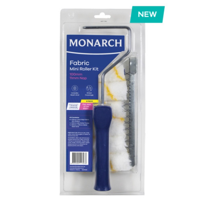 MONARCH Paint Kit | 100mm/11mm Nap Fabric MINI Roller Paint Kit with Mesh Grid 8 Pieces