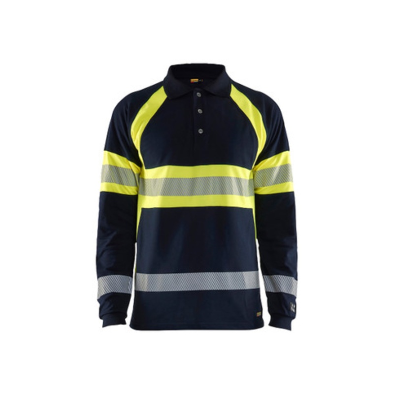 BLAKLADER Polo Shirt  | 3438 Navy Blue / High Vis Yellow Anti-Flame CAT 2 Polo Shirt in Reflective Tape Multinorm