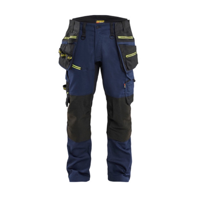 BLAKLADER Trousers | 1970 Dark Navy Blue / Yellow Work Pants with Kneepad Pockets and Detachable Holster Pockets in 2-Way Stretch