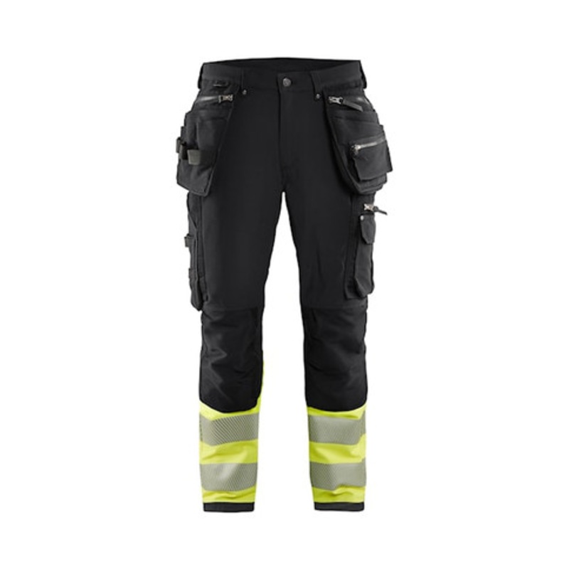 BLAKLADER Trousers | 1993 Craftsman Black / High Vis Yellow Trousers with Kneepad Pockets and Holster Pockets 4-Way Stretch
