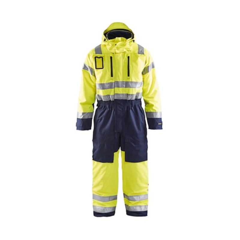 BLAKLADER Coveralls | 6763 Winter High Vis Yellow /Navy Blue Coveralls with Kneepad Pockets and Hood in Polyester