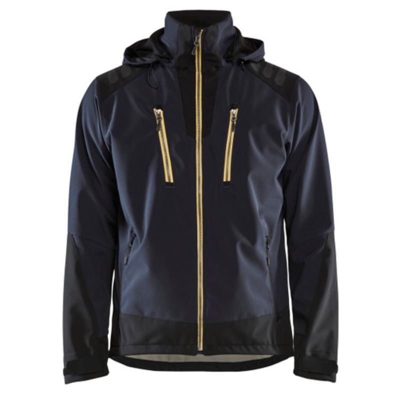 BLAKLADER Jacket | 4749 Dark Navy Blue/Yellow Hooded Jacket with Water Repellent and in Softshell
