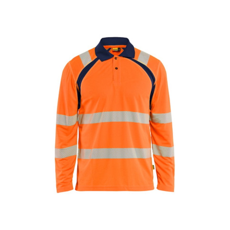 BLAKLADER Polo Shirt | 3598 High Vis Orange / Navy Blue Polo Shirt with Long Sleeves Reflective Tape in Polyester