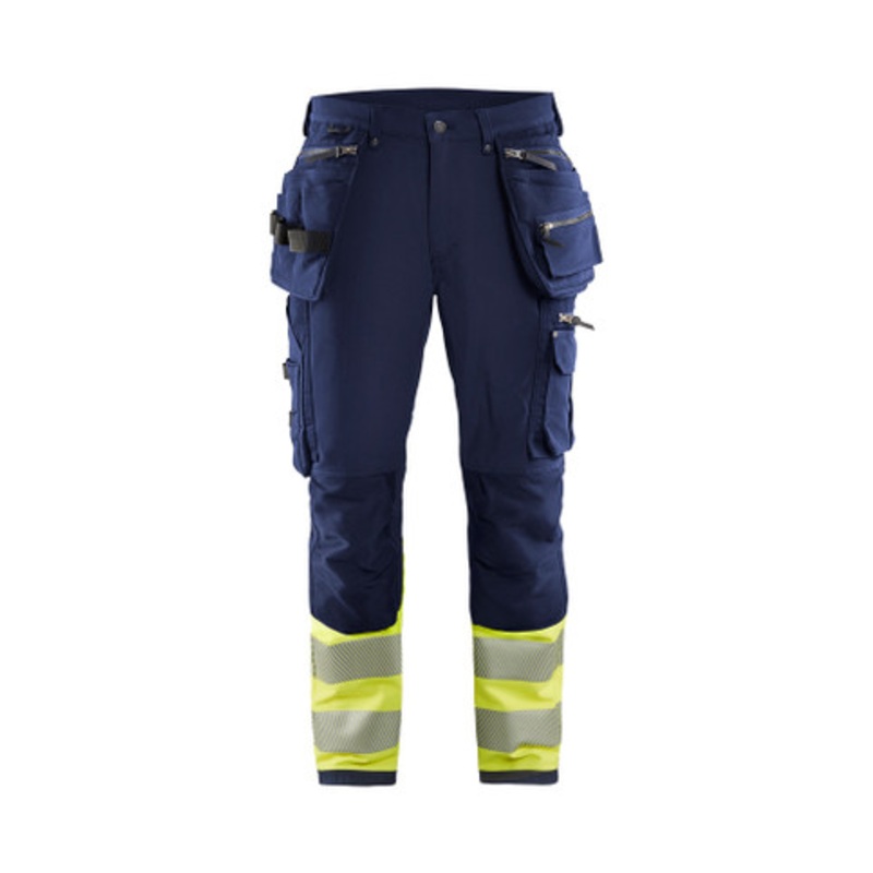 BLAKLADER Trousers | 1993 Craftsman Navy Blue / High Vis Yellow Trousers with Kneepad Pockets and Holster Pockets 4-Way Stretch