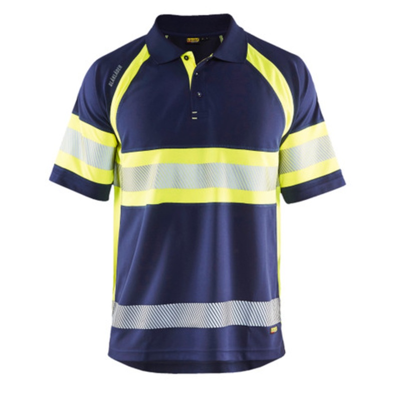 BLAKLADER Polo Shirt  | 3338 Mens Navy Blue / High Vis Yellow UV Protection Profile Polo Shirt with Reflective Tape Polyester