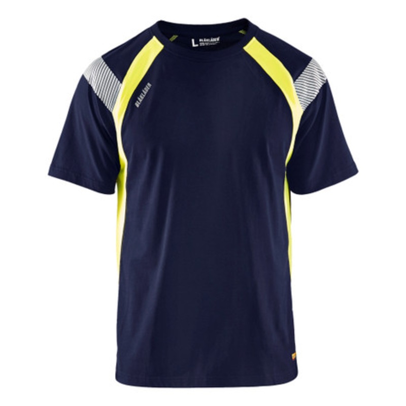 BLAKLADER T-Shirt  | 3332 Mens Navy Blue / High Vis Yellow UV Protection Profile T-Shirt with Reflective Tape Polyester