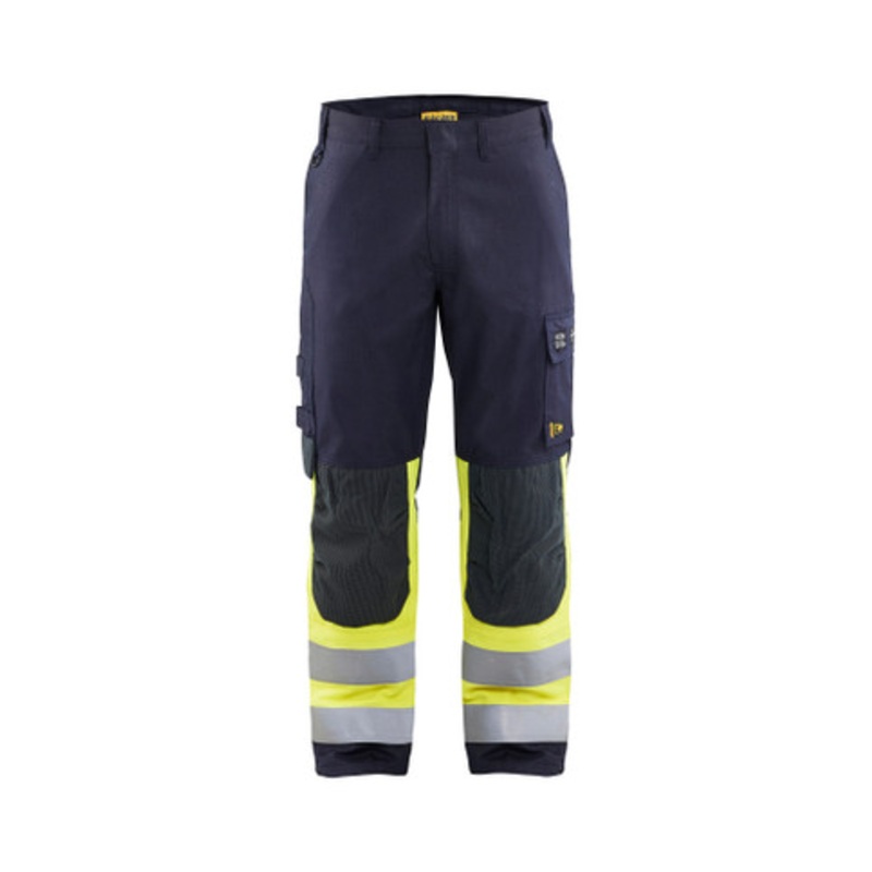 BLAKLADER Trousers | 1488 Multinorm INHERENT Navy Blue / High Vis Yellow Trousers with Kneepad Pockets and Anti-Static Rip-Stop with Stretch
