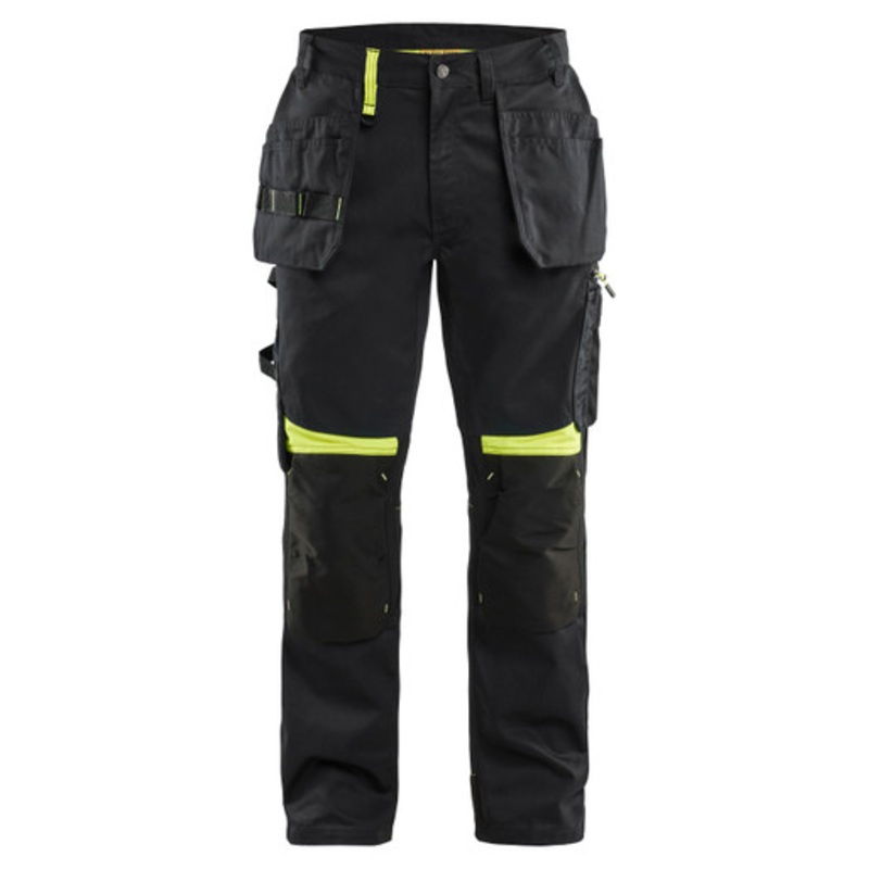 BLAKLADER Trousers | 1555 Craftsman Black / Hi-Vis Yellow Trousers with Kneepad Pockets and Holster Pockets Cotton