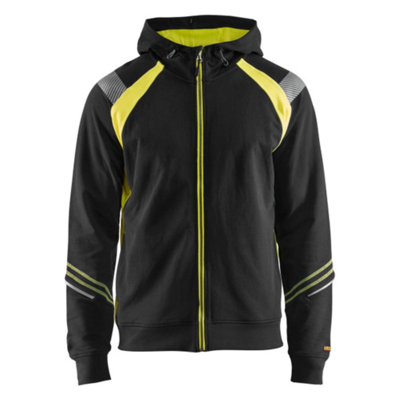 BLAKLADER Hoodie Jacket | 3433 Black/High Vis Yellow Jacket Hoodie with Full Zip and Reflective Tape in Cotton