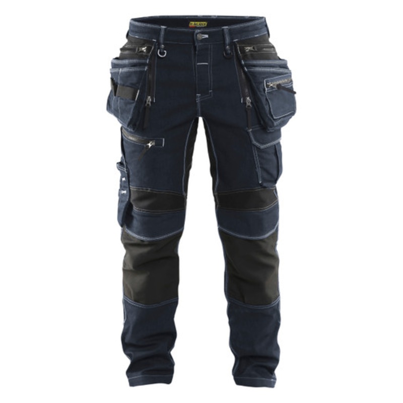 BLAKLADER Trousers | 1990 Navy Blue Craftsman Trousers with Holster Pockets and Kneepad Pockets in Denim with Stretch