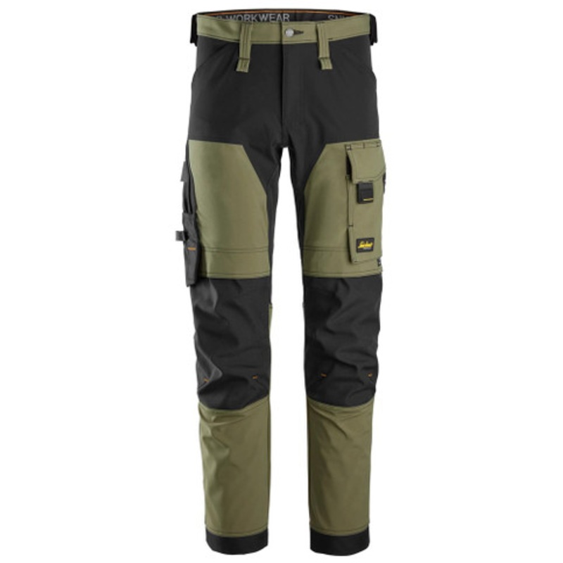 SNICKERS Trousers | 6375 Khaki Green AllroundWork Trousers with Kneepad Pockets and in 4-Way Stretch