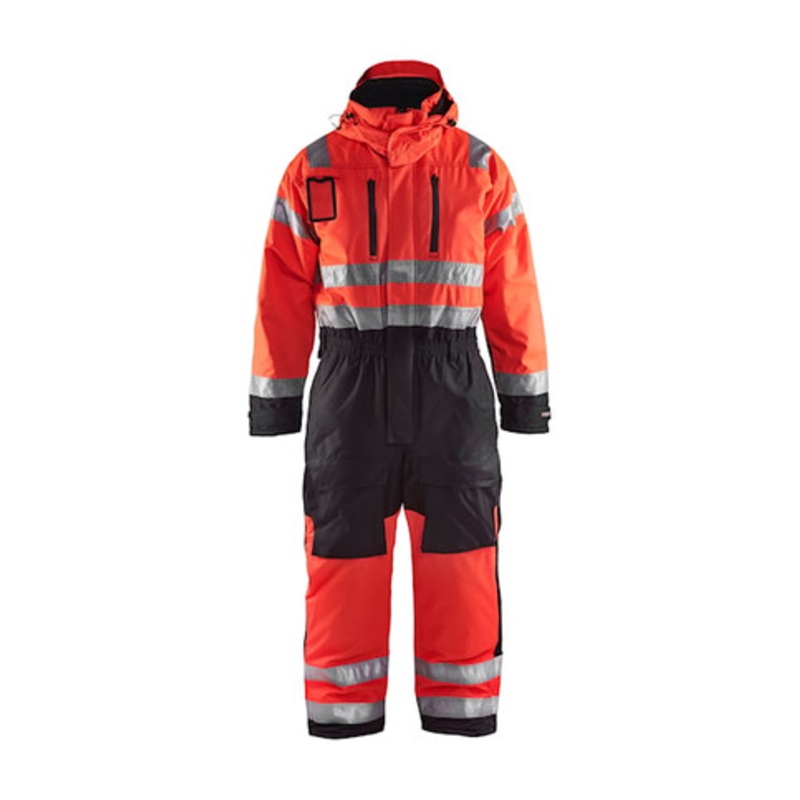 BLAKLADER Coveralls | 6763 Winter High Vis Red /Black Coveralls with Kneepad Pockets and Reflective Tape in Polyester