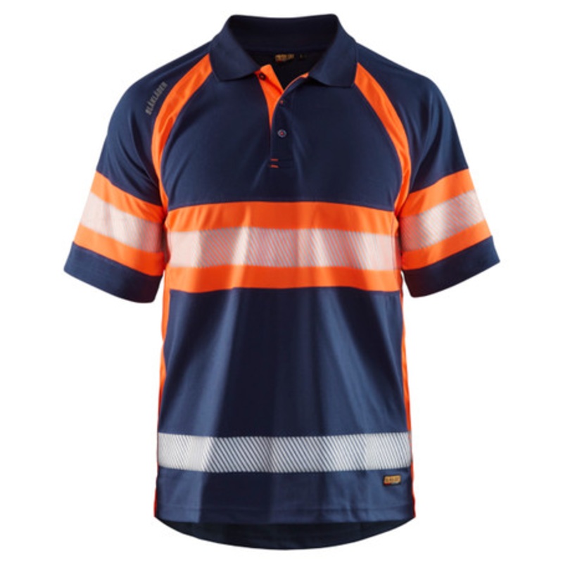 BLAKLADER Polo Shirt  | 3338 Mens Navy Blue / High Vis Orange UV Protection Profile Polo Shirt with Reflective Tape Polyester
