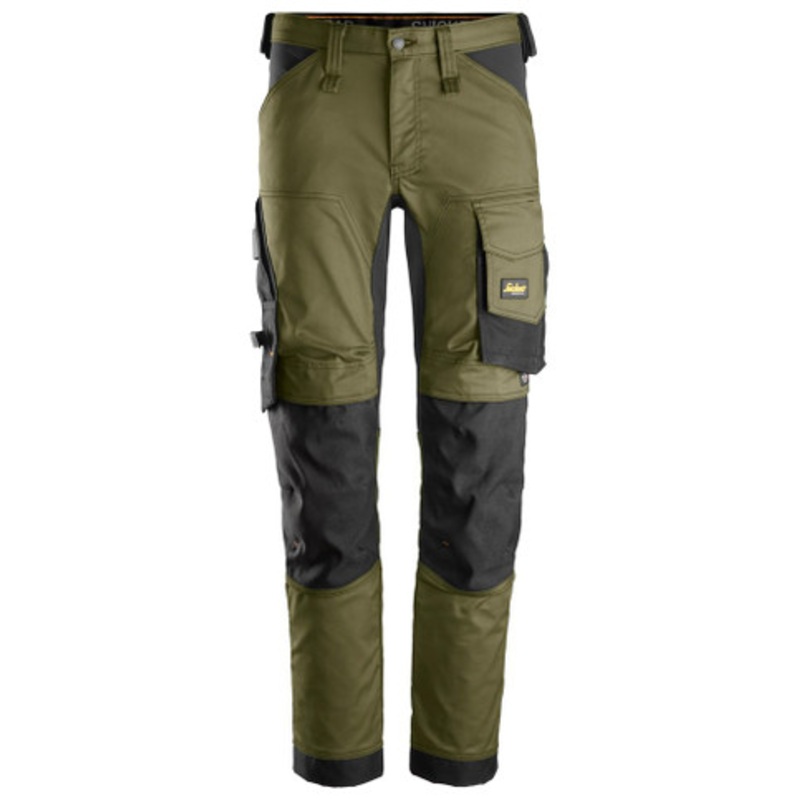 SNICKERS Trousers | 6341 Khaki Green AllroundWork Trousers with Kneepad Pockets and in 2-Way Stretch