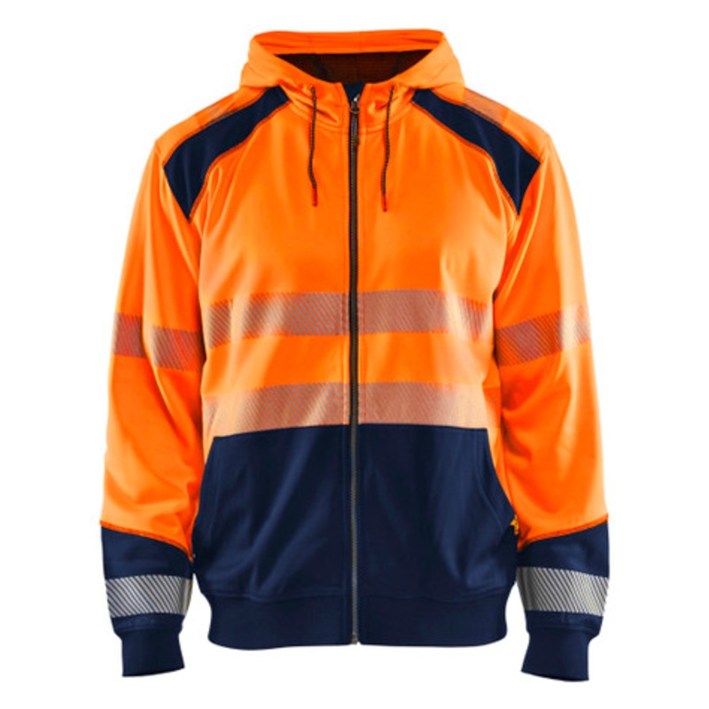 BLAKLADER Hoodie Jacket | 3546 High Vis Orange/Navy Blue Hoodie with Full Zip and Reflective Tape in Polyester