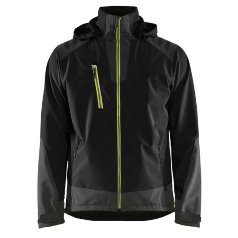 BLAKLADER Jacket | 4749 Black/High Vis Yellow Hooded Jacket with Water Repellent and in Softshell