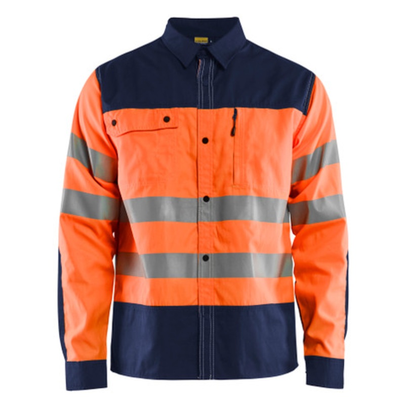 BLAKLADER Shirt  | 3255 High Vis Orange / Navy Blue Long Sleeve Shirt with Reflective Tape Durable Poly/Cotton Blend