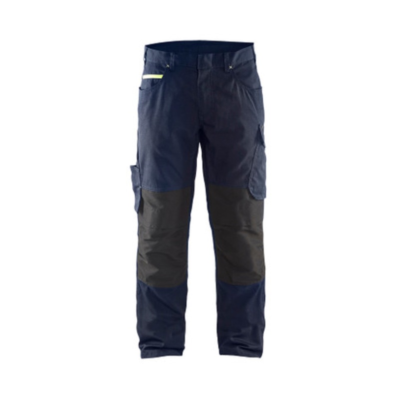 BLAKLADER Trousers | 1495 Mens Service Dark Navy Blue / Yellow Trousers with Kneepad Pockets and Rip-Stop with Stretch