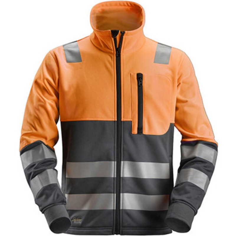 SNICKERS Sweater Jacket | 8035 High Vis Orange / Steel Grey Full Zip Allround Work Sweater Jacket with Reflective Tape Polyester-SALE