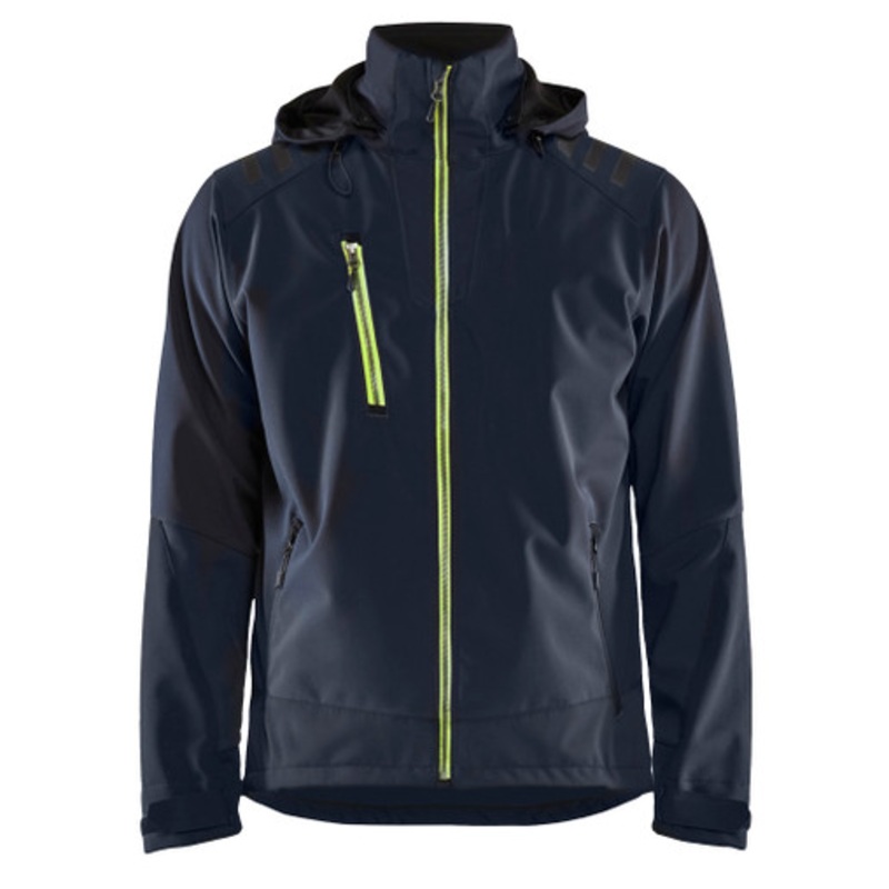BLAKLADER Jacket | 4749 Dark Navy Blue/High Vis Yellow Hooded Jacket with Water Repellent and in Softshell