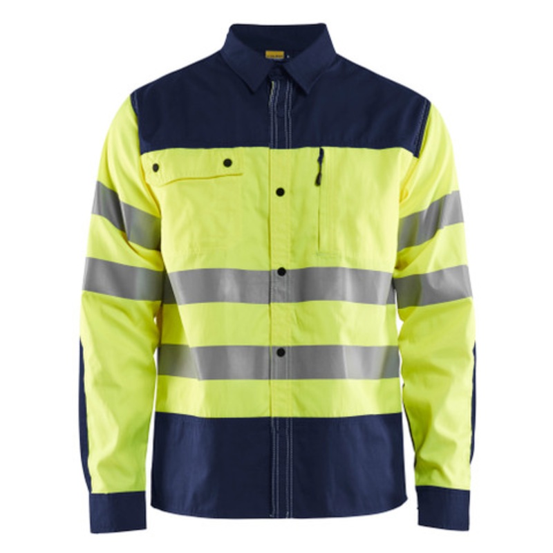 BLAKLADER Shirt  | 3255 High Vis Yellow / Navy Blue Long Sleeve Shirt with Reflective Tape Durable Poly/Cotton Blend