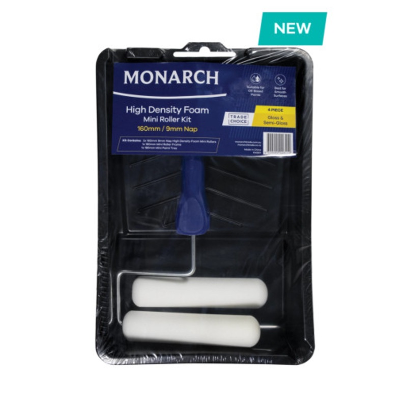 MONARCH Paint Kit | 160mm/9mm Nap High Density Foam MINI Roller Paint Kit 4 Pieces