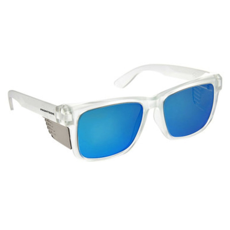 PROCHOICE Safety Glasses | FRONTSIDE Polarised Blue REVO Lens Safety Glasses with Clear Frame and Side Shield