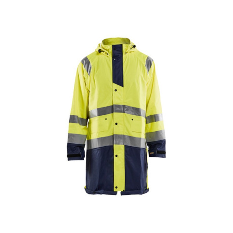 BLAKLADER Rain Jacket | 4324 High Vis Yellow / Navy Blue Long Length Rain Jacket with Reflective Tape Polyester Waterproof
