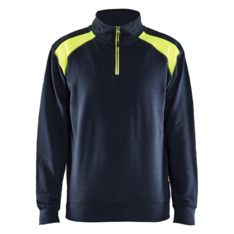BLAKLADER Sweater | 3353  Dark Navy Blue / High Vis Yellow 1/4 Zip Jersey Sweater in Cotton