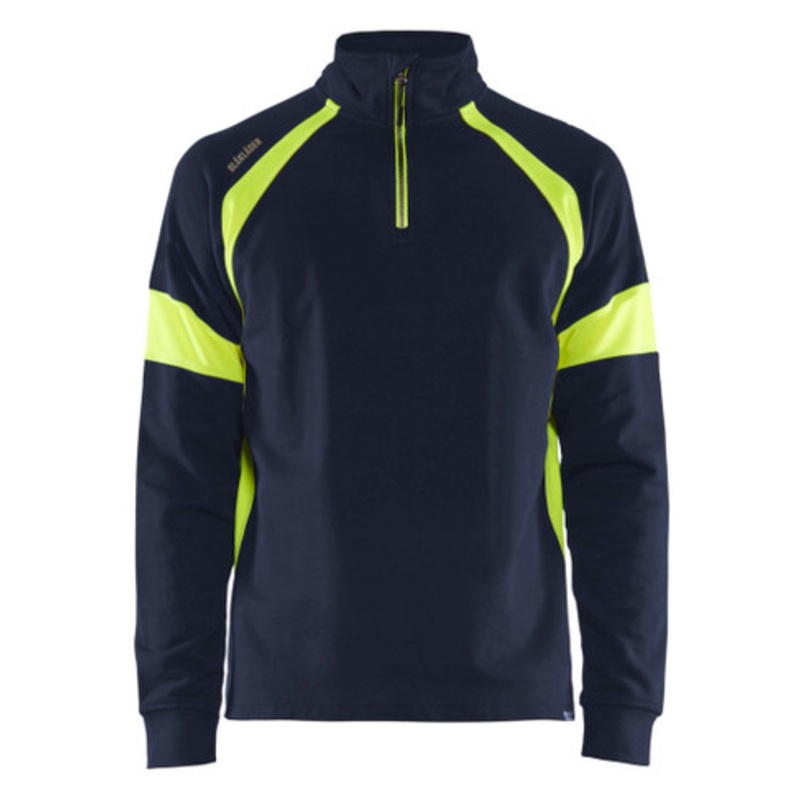 BLAKLADER Sweater | 3550 Navy Blue / High Vis Yellow 1/4 Zip Sweater in Cotton