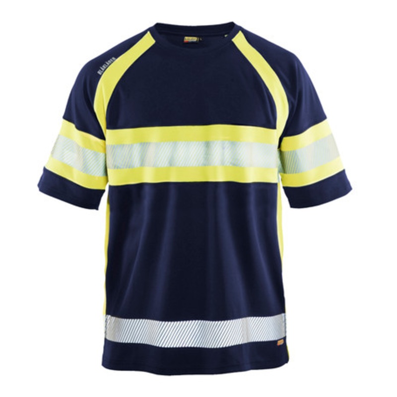 BLAKLADER T-Shirt | 3337 Navy Blue/High Vis Yellow UV Protection T-Shirt with Anti-Odour and Reflective Tape in Polyester