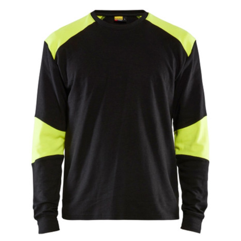 BLAKLADER T-Shirt  | 3457 Navy Blue / High Vis Yellow Long Sleeve Flame Resistant T-Shirt in Anti-Flame Cotton