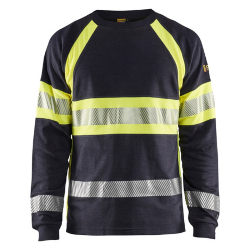 BLAKLADER T-Shirt  | 3484 Navy Blue / High Vis Yellow Anti-Flame CAT 2 T-Shirt in Reflective Tape Multinorm