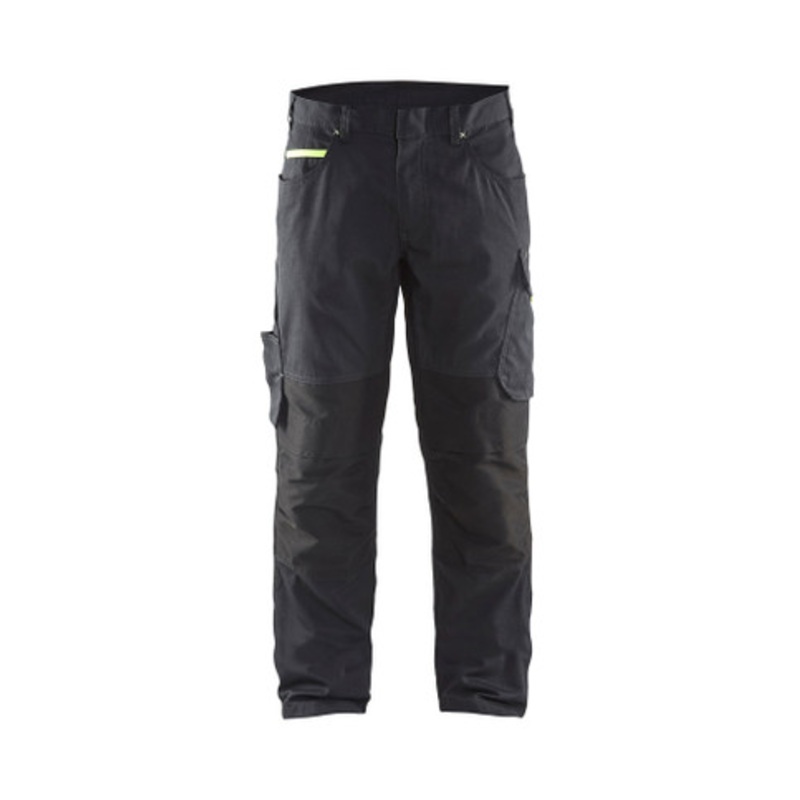 BLAKLADER Trousers | 1495 Mens Service Black / Yellow Trousers with Kneepad Pockets and Rip-Stop with Stretch