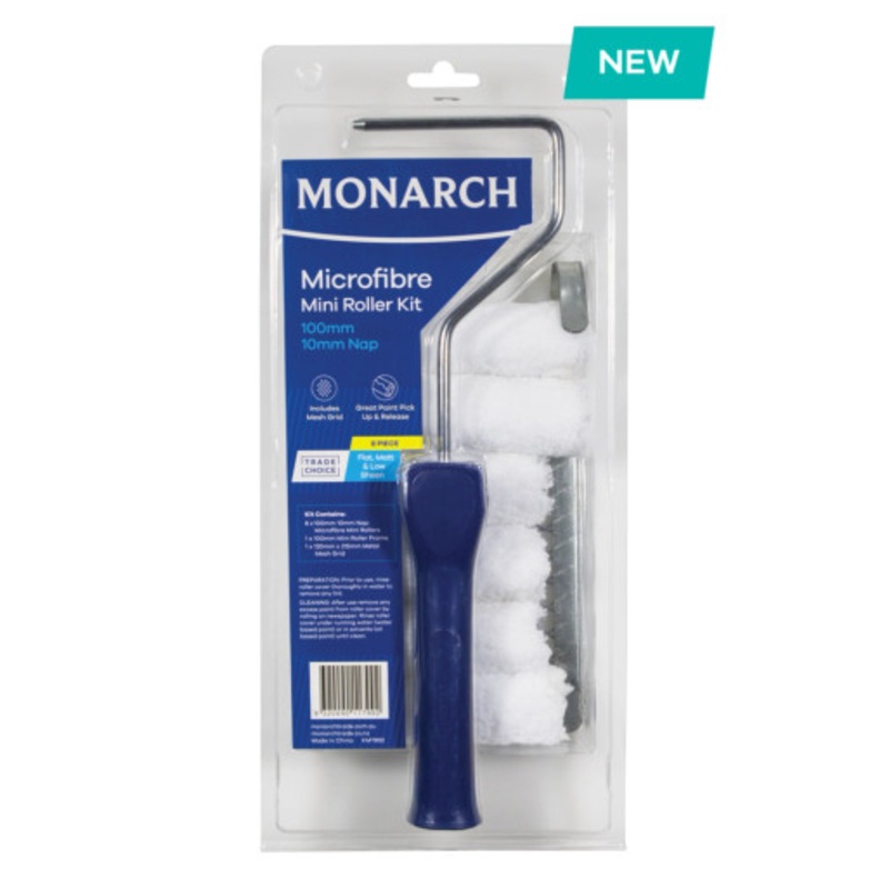 MONARCH Paint Kit | 100mm/10mm Nap Microfibre MINI Roller Paint Kit with Mesh Grid 8 Pieces