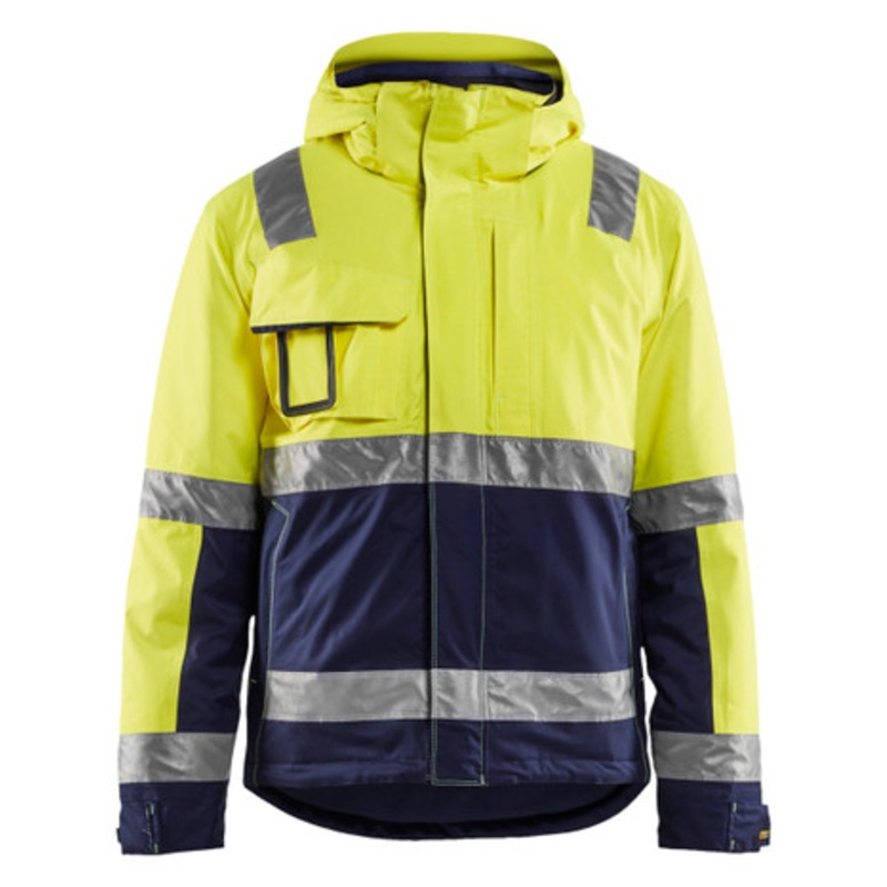 BLAKLADER Jacket | 4870 Mens High Vis Yellow / Navy Blue Full Zip Winter Jacket in Reflective Tape Polyester Waterproof