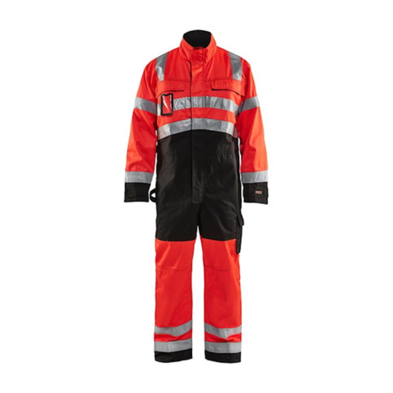 BLAKLADER Overalls | 6373 High Vis Red /Black Overalls with Kneepad Pockets and Reflective Tape in Polyester