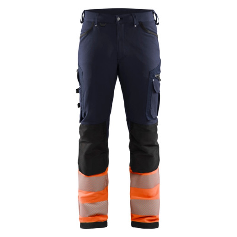 BLAKLADER Trousers | 1193 Craftsman Navy Blue / High Vis Orange Trousers with Kneepad Pockets and Reflective Tape 4-Way Stretch