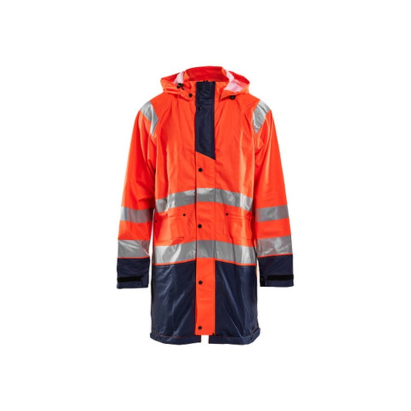 BLAKLADER Rain Jacket | 4324 High Vis Orange / Navy Blue Long Length Rain Jacket with Reflective Tape Polyester Waterproof