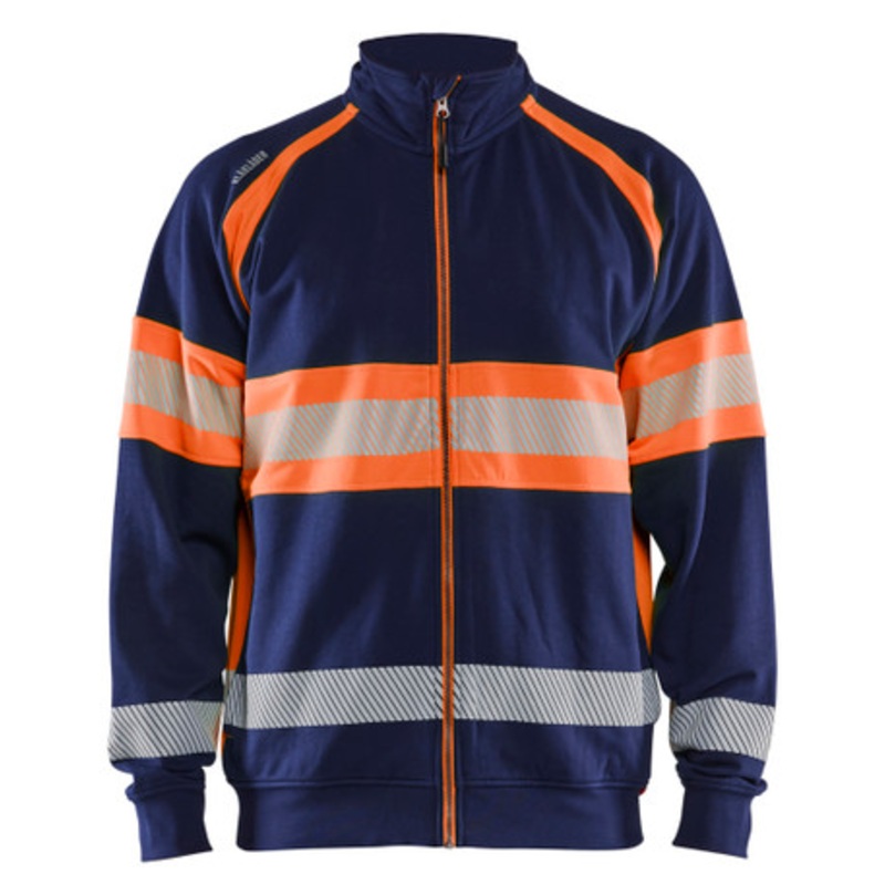 BLAKLADER Sweater Jacket | 3551 Navy Blue/High Vis Orange Jacket Sweater with Reflective Tape and Full Zip in Cotton