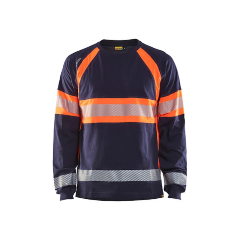BLAKLADER T-Shirt | 3510 Navy Blue/High Vis Orange Long Sleeve T-Shirt with Reflective Tape and in Cotton