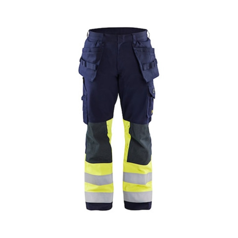 BLAKLADER Trousers | 1479 Multinorm Navy Blue / High Vis Yellow Trousers with Holster Pockets and Anti-Flame Cotton