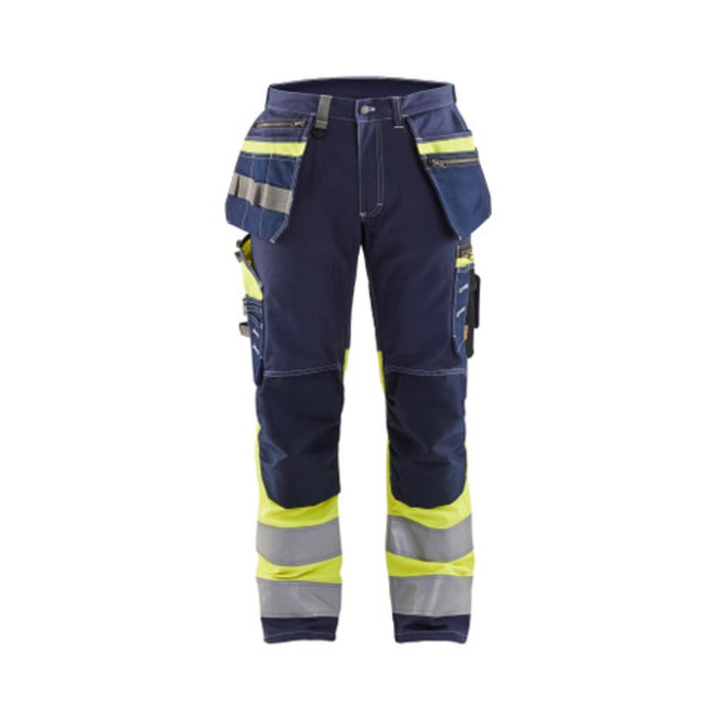 BLAKLADER Trousers | 1794 Craftsman Navy Blue / High Vis Yellow Trousers with Kneepad Pockets and Holster Pockets Cotton with Stretch