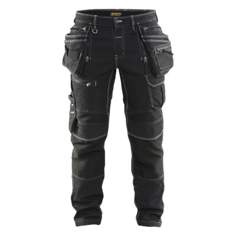 BLAKLADER Trousers | 1990 Craftsman Black / White Details Trousers with Kneepad Pockets and Holster Pockets Denim with Stretch