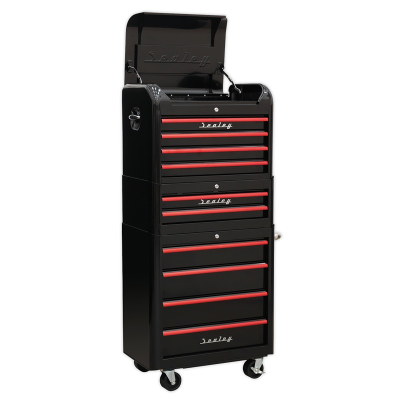 Retro Style Topchest, Mid-Box & Rollcab Combination 10 Drawer – Black with Red Anodised Drawer Pulls – AP28COMBO2BR